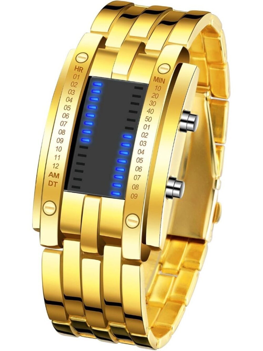 Men's Gold Analog Quartz Bracelet Waterproof Binary Matrix LED Digital Watch